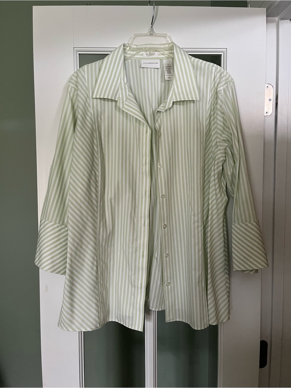 Liz Claiborne Light Green and White Striped Button-Up Blouse
